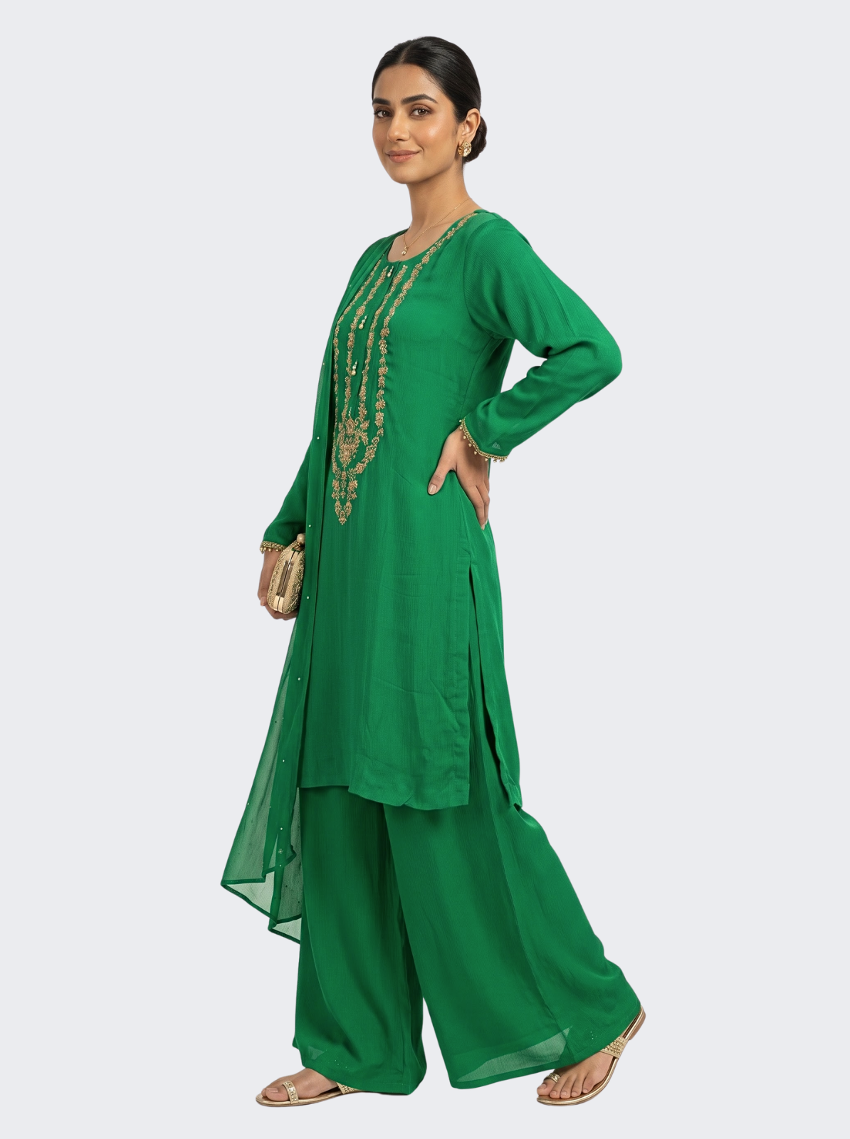 Rama Green Chinon Shirt, Palazzo And Dupatta with Sequins and Dabka Embroidery 3